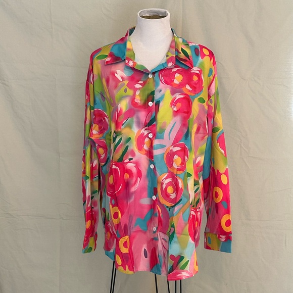 SHEIN Tops - NWOT SHEIN Colorful Floral Button Down Shirt long sleeve pink blue green XXL